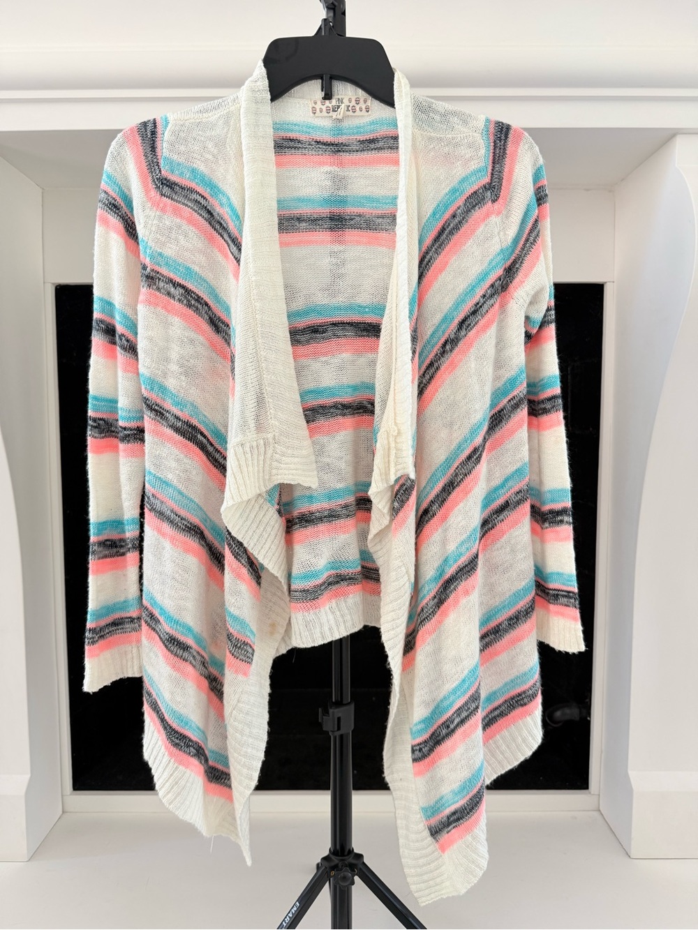 Pink Republic Striped Open-Front Cardigan - White, Pink & Teal
